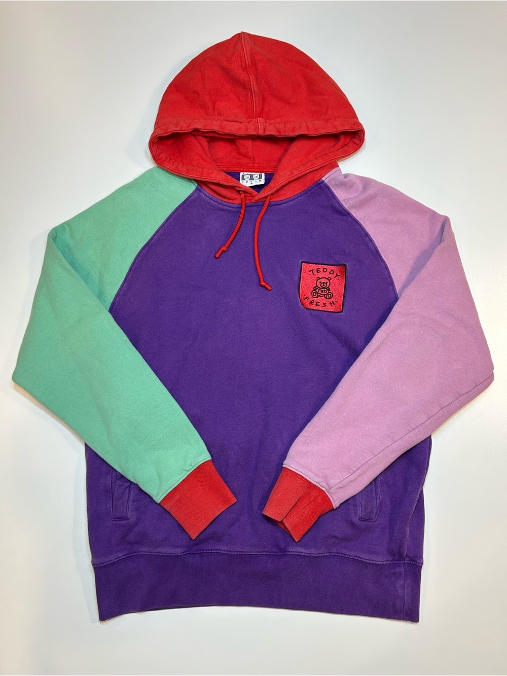 Teddy Fresh Colorblocked Crewneck Hoodie in Purple, Red, Mint & Lilac